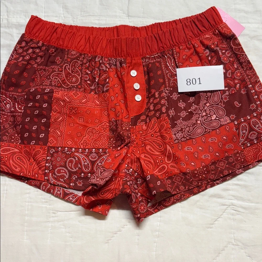 Zoe + Liv Red Paisley Patchwork‎ Lounge Shorts NWT Sm Boho Bandana Pajama Shorts